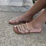 Rasteira de Couro com Strass Rose - 941