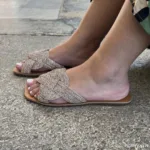 Rasteira de Couro com Strass Rose - 143