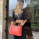 Bolsa de Couro Cecília -  Vermelha com Caramelo - Imagem 3