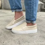 Tênis Slip On Feminino "COM  Forro" de Couro Off White - 6072