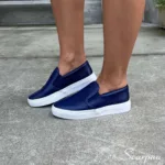 Tênis Slip On Feminino "COM Forro" de Couro Marinho - 6072