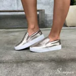 Tênis Slip On Feminino "COM  Forro" de Couro Prata Velho - 6072