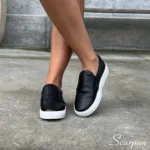 Tênis Slip On Feminino "COM  Forro" de Couro Preto - 6072 - Imagem 4