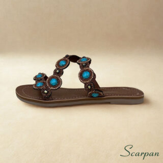 Sandália Rasteira Slide Couro Marrom com Pedras Turquesa, Apliques Dourados e Strass Scarpan