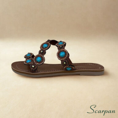 Sandália Rasteira Slide Couro Marrom com Pedras Turquesa, Apliques Dourados e Strass Scarpan