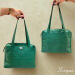 Bolsa feminina de couro legítimo com três divisórias na cor verde modelo Cibeli Scarpan. Frente e verso.