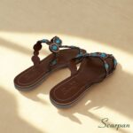 Sandália Rasteira Slide Couro Marrom com Pedras Turquesa, Apliques Dourados e Strass Scarpan