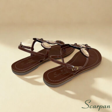 Sandália Rasteira de Dedo Marrom Café com Pedrarias e Detalhes Redondos Fivela Scarpan