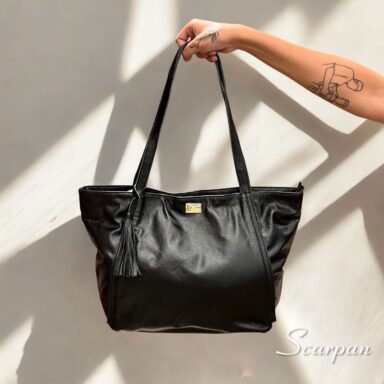 Bolsa shopper feminina em couro legítimo modelo Isabel cor Preta visão frontal