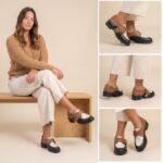 Detalhes de ângulos do calçado feminino mocassim tratorado em couro legítimo tricolor