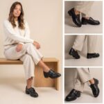Detalhes de ângulos do calçado feminino mocassim tratorado em couro legítimo tricolor