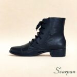 Bota feminina em couro cano curto preta scarpan com cadarço e salto baixo