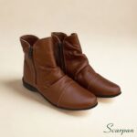 Par de botas da couro legítimo caramelo com acabamento enrugado elegante